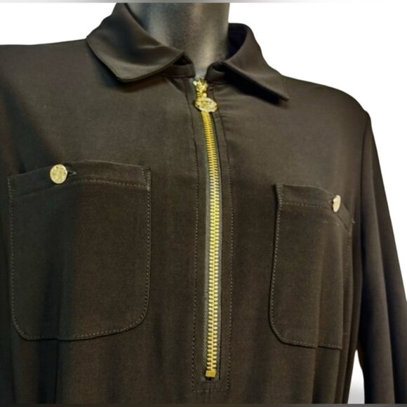 ANNE KLEIN 🍒SZ 2 XS🍒BLACK ZIP FRONT DRESS TABBED SLEEVES TIE WAIST GOLD ACCENT - Picture 12 of 16